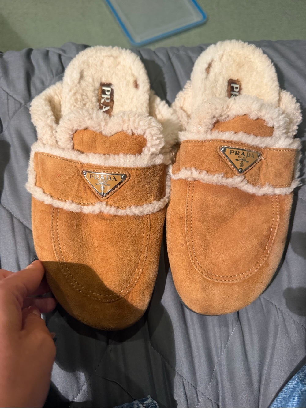 Prada  Tan Suede Shearling Mules